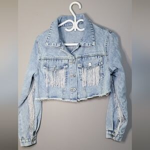 Cropped Fringe Denim Jacket S Tassel Western Festival Raw Edge